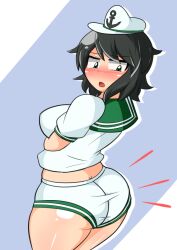 big_butt black_hair butt butt_cleavage butt_crack butt_expansion butt_focus hat huge_butt large_breasts large_butt minamitsu_murasa plump school_uniform short_hair short_shorts shorts thick_thighs touhou