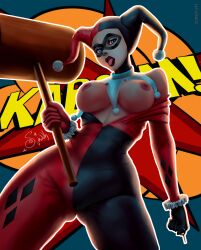 1girls areolae batman_(series) blue_eyes breasts breasts_out dc dc_comics female female_only harley_quinn harley_quinn_(classic) holding_object jester_hat jester_outfit light-skinned_female light_skin makeup mask nipples open_mouth solo sowuh tongue tongue_out