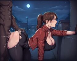 ai_generated anal big_ass big_breasts brown_hair brown_hair_female brunette bubble_ass busty claire_redfield dark-skinned_male fucked_senseless huge_ass huge_breasts outdoors pawg pleasure_face pounding resident_evil resident_evil_2 ripped_clothing smogai