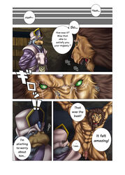 anthro avian balls bird bomb_(artist) comic cum dialog english feline fur furry king's_play lion male male_only muscles penis translated