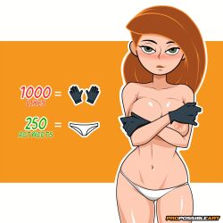 1girls alternate_version_available areolae big_breasts bottomwear breasts exposed_nipple female female_only gloves green_eyes hair handwear kim_possible kimberly_ann_possible like_and_retweet like_icon lips long_hair nipples one_breast_out orange_hair panties propossibleart retweet_icon solo solo_female strip_game topless white_panties