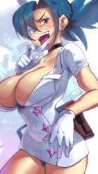 1girls big_breasts blue_hair breasts choker cleavage clothing eyewear facemask female female_only gloves hair handwear huge_breasts neckwear nurse nurse_cap nurse_uniform one_eye_obstructed open_mouth red_eyes ryu2 scar scar_across_mouth skullgirls solo solo_female tongue tongue_out valentine_(skullgirls) white_gloves