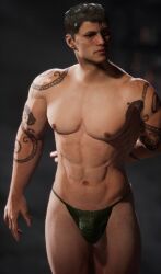 1boy 1male 3d 3d_(artwork) 3d_model human_form light-skinned_male light_skin male male_focus male_only masculine mortal_kombat mortal_kombat_1_(2023) netherrealm_studios reptile_(mortal_kombat) reptile_humanoid scantily_clad solo solo_focus solo_male string_bikini syzoth tattoos zaterran