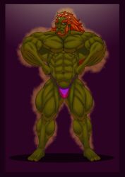 balls bara beard bulge facial_hair flaccid ganondorf ganondorf_(hyrule_warriors) gerudo green_body green_skin hyrule_warriors male male_only muscle_growth muscles muscular nintendo penis red_hair solo solo_male the_legend_of_zelda thedarkdjin thong