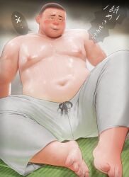 1boy 2020s 2023 3d 3d_(artwork) belly belly_button blurry_background blush bulge buzz_cut cel_shading chubby daiki_(yudajuda) feet foot_fetish gay green_eyes hi_res highres human japanese_text light_skin male male_breasts male_only nipples oc original_character original_characters pants shirtless simple_background solo sweat sweating tagme text translation_request yudajuda