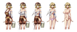 1girls angry bell blush breasts bucket cabbie_hat collar cowbell embarrassed female female_only green_eyes hair_ribbon hat highres large_breasts long_image looking_at_viewer lost_clothes navel nipples no_bra nude original overalls panties patch pubic_hair q_azieru ribbon short_hair short_twintails simple_background sleeves_rolled_up smile solo standing tied_hair torn_clothes twintails uncensored underwear white_background wide_image