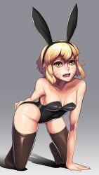 10s absurdres all_fours animal_costume animal_ears argo_the_rat bad_id bad_pixiv_id black_thighhighs blonde_hair breasts breasts_apart cleavage facial_mark fake_animal_ears female grey_background groin highres hip_focus leotard medium_breasts open_mouth playboy_bunny rabbit_ears short_hair simple_background solo sword_art_online thighhighs thighs whisker_markings yellow_eyes