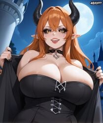 1girls 48xx97 ai_generated black_nails black_sclera choker cleavage clothed covered_nipples crossed_bangs dress goth horns huge_breasts large_breasts long_hair looking_at_viewer orange_hair outdoors pointy_ears runny_makeup smug