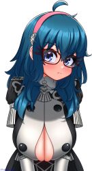 1girls alternate_costume blue_eyes breasts byleth_(fire_emblem) byleth_(fire_emblem)_(female) cleavage female female_only fire_emblem fire_emblem:_three_houses garreg_mach_monastery_uniform glasses hairband large_breasts leaning_forward looking_at_viewer lukari nintendo official_alternate_costume solo teal_hair