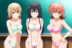 3girls ai_generated black_hair blonde_hair blue_eyes bra chalkboard classroom isshiki_iroha my_teen_romantic_comedy_snafu orange_eyes orange_hair smile yellow_eyes yuigahama_yui yukinoshita_yukino