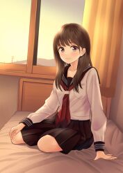 arm_support bed brown_eyes brown_hair cloud cloudy_sky commentary_request curtains female hand_on_own_knee highres indoors long_hair long_sleeves looking_at_viewer neckerchief on_bed original pleated_skirt room school_uniform serafuku sitting skirt sky smile solo window yokozuwari yukimaru217