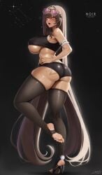 1girls ass breasts brown_hair brown_skin dark-skinned_female dark_skin dat_ass female goddess_of_victory:_nikke hi_res huge_ass huge_breasts long_hair naughty_face noir_(nikke) shiwudesu stirrup_legwear toeless_legwear underboob