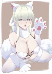 1girls 2024 blue_eyes cleavage fate/grand_order fate_(series) female female_only mash_kyrielight_(dangerous_beast)_(cosplay) morgan_le_fay_(fate) paw_gloves tagme thighhighs twitter white_hair