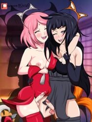 2futas balls bangs black_hair blush bottomless breasts clothed clothing dress drunk duo erection futa_only futanari human hyuuga_hinata kiurfi light-skinned_futanari light_skin long_hair mostly_clothed naruto penis pink_hair sakura_haruno self_upload small_penis standing thighhighs