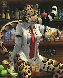 2009 alcohol anthro armband bar bartender blue_eyes blush bottles bottomless breasts chest_tuft clothing clouded_leopard cute detailed_background ear_piercing feline female fur furry inviting jagermeister kacey leopard lime looking_at_viewer necktie nipples open_clothes open_shirt panties piercing pouring rosettes salt salt_shaker shirt shot_glass sitting solo spill spots underwear whiskers white_panties