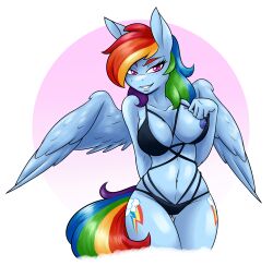 2018 ambris anthro blue_body blue_fur bra breasts cutie_mark equine feathered_wings feathers friendship_is_magic hasbro mammal multicolored_hair multicolored_tail my_little_pony nipples pegasus pink_eyes rainbow_dash_(mlp) rainbow_hair rainbow_tail smile solo tail wings