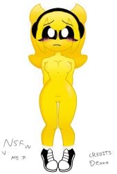 1girl 1girls black_eyes blush blushing breasts dexxa exposed_breasts exposed_pussy female geometry_dash hands_behind_back hard_(geometry_dash) horns looking_at_viewer nude nude_female rule_63 shoes shy solo solo_female white_pupils yellow_body yellow_hair