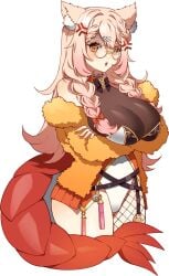 anger_vein animal_ear_fluff animal_ears bow braid breasts cleavage ebiko_(vtuber) female fishnets glasses large_breasts leotard long_hair looking_at_viewer open_mouth pink_hair round_eyewear solo tail twin_braids virtual_youtuber white_background yellow_eyes