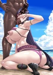 1boy 1girls ass beach breasts censored cock_worship covering_face dark-skinned_male dark_skin dat_ass fate/grand_order fate_(series) female huge_ass huge_breasts huge_cock interracial kiss_mark_on_penis kissing_penis ky. lipstick_mark long_hair male mature_female milf minamoto_no_raikou_(fate/grand_order) minamoto_no_raikou_(swimsuit_lancer) nipples outdoors penis penis_on_head purple_eyes purple_hair smegma unseen_male_face