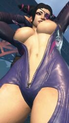 1girls 3d 3d_(artwork) alternate_breast_size big_breasts bodysuit breasts juri_han low-angle_view mod nipples sf_screenshot street_fighter street_fighter_6 topless