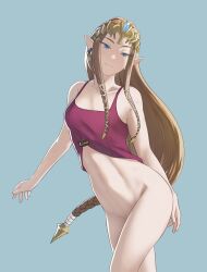 1girls bare_thighs blue_eyes bottomless braid breasts brown_hair female female_only long_hair nintendo pointy_ears pomelomelon princess_zelda small_breasts smile solo the_legend_of_zelda thighs twilight_princess very_long_hair zelda_(twilight_princess)