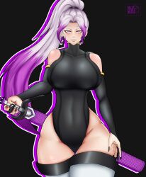 1girls big_breasts big_butt big_thighs black_gloves black_nails boots earrings eva_finley female female_focus female_only gloves latex latex_suit original original_character ponytail purple_eyes purple_hair radiant_artist ring serious sword white_boots white_hair