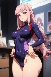 ai_generated big_butt blush bodysuit elf_female large_breasts light_skin long_hair looking_at_viewer perky_breasts pink_hair purple_eyes rimwalker