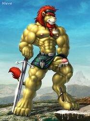 anthro balls braford cum cumshot feline furry hair kilt lion male male_only muscles orgasm penis red_hair solo sword uncut weapon