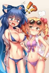 !? 2girls :t alternate_breast_size areola_slip bangle bare_arms bare_shoulders big_breasts bikini bikini_pull blonde_hair blue_bikini blue_bow blue_eyes blue_hair bow bracelet breast_envy breasts cleavage clothes_pull collarbone covered_erect_nipples drill_hair embarrassed eyewear_on_head gluteal_fold hair_ribbon hairbow halterneck hand_on_own_hip highres jewelry jo'on_yorigami large_breasts multiple_girls navel older_sister open_mouth pout purple_bikini red_ribbon ribbon see-through shion_yorigami shiratsuki_shiori siblings simple_background sisters small_breasts stomach string_bikini sunglasses swimsuit tears touhou twin_drills yellow_eyes yorigami_jo'on yorigami_shion younger_sister yuri