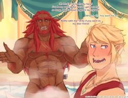 balls bara beard blush brown_skin facial_hair flaccid ganondorf ganondorf_(hyrule_warriors) gerudo ghangaji hyrule_warriors link link_(hyrule_warriors) male male_only muscles muscular nintendo nude penis red_hair steam text the_legend_of_zelda