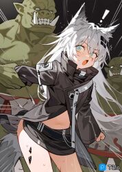 1girls ai_generated animal_ears arknights female grabbing_from_behind imminent_sex lappland_(arknights) light-skinned_female light_skin male multiple_boys orc orc_male questionable_consent surprised white_hair wolf_girl