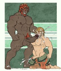 amaranthnymph balls bara beard blowjob boner closed_eyes cum erection facial_hair ganondorf ganondorf_(twilight_princess) gay gerudo green_body green_skin link link_(twilight_princess) male male_only muscles muscular nintendo nude on_knees oral orgasm penis penis_size_difference red_hair the_legend_of_zelda twilight_princess