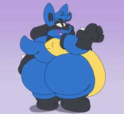 big_ass big_belly blue_hair fat fat_arms fat_feet game_freak hands_on_ass looking_at_viewer looking_back lucario nintendo obese oc pokemon pokemon_(species) pokemon_dppt solo untaggable_artist waving_at_viewer