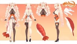 animal_ear_fluff animal_ears antenna_hair ass bangs bare_shoulders black_footwear black_gloves bracelet braid breasts cat_ears detached_sleeves dress ebiko_(vtuber) female fishnets full_body gloves hair_between_eyes hair_ornament half_gloves high_heels jewelry large_breasts long_hair looking_at_viewer multiple_views orange_background pink_hair reference_sheet single_thighhigh smile standing tail thigh_strap thighhighs twin_braids very_long_hair virtual_youtuber yellow_eyes