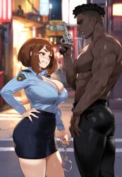 1girls ai_generated breasts brown_eyes brown_hair curvy curvy_female dark-skinned_male dark_skin female firearm gun hand_on_hip handcuffs handgun holding_gun holding_weapon human interracial large_breasts muscular muscular_male my_hero_academia netorare ntr ochako_uraraka pale_skin pawg pistol police police_uniform policewoman revolver samsara_ai short_hair stable_diffusion standing thiccwithaq_(ai_style) topless_male weapon