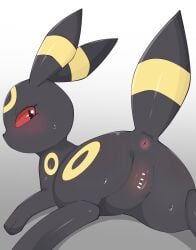 anus black_body black_eyes blush censor_bar censored eeveelution female feral generation_2_pokemon genitals hi_res himimi looking_back nintendo pokemon pokemon_(species) pussy quadruped rear_view red_sclera solo tail umbreon yellow_body