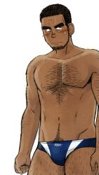 10s 1boy 2018 beard_stubble black_hair blue_speedo blush blush_lines chest_hair gay hairy hairy_arms hairy_legs hairy_male human male male_only muscular muscular_male nipples simple_background solo speedo sweat sweatdrop swimwear tagme taku_hiraku white_background