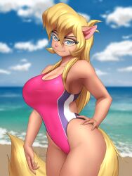 1girl 1girls alternate_breast_size beach blonde_female blonde_hair callie_briggs cat_ears catgirl commission feline feline_humanoid female huge_breasts mykegreywolf ocean swat_kats swimsuit water