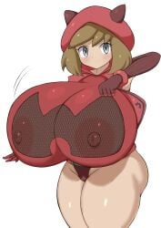 areolae huge_breasts jaga334 may_(pokemon) nipples pokemon pokemon_rse smiling_at_viewer smirk team_magma team_magma_uniform thick_thighs