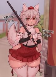 animal_ears big_thighs english_text female hip_vent huge_thighs inubashiri_momiji japanese_clothes looking_at_viewer mature_female miko momiji_inubashiri ourobot solo sword tail thick_thighs thighhighs thighs touhou weapon white_hair white_thighhighs wide_hips wolf_ears wolf_girl wolf_tail