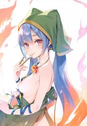 999 :p anime bare_shoulders bare_skin blue_hair female flowers food haniyasushin_keiki happy head_scarf ke-ta keiki_haniyasushin long_hair looking_at_viewer medium_breasts necklace painter perfect_body perfect_breasts pink_eyes pretty_female skinny_female solo tagme tongue_out touhou twintails upper_body