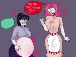 2females 2girls 60_seconds! big_belly black_hair blush dolores_(60_seconds) embarrassed female female_pred ginger ginger_hair green_eyes mary_jane_mcdoodle_(60_seconds) mother_and_daughter multiple_girls s0d0my_s1n self_upload shocked vore vore_belly