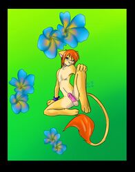 2010 anthro balls blue_eyes bracelet erection feline flower fur furry hair jewelry lion male male_only matt nude penis pose presenting red_hair sitting smile white_crest