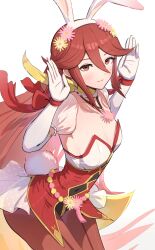 1girls absurdres alternate_costume animal_ears ass big_ass blush breasts bunny_ears bunny_girl bunnysuit cleavage collarbone cordelia_(fire_emblem) cordelia_(spring)_(fire_emblem) cowboy_shot fake_animal_ears fake_tail female female female_only fire_emblem fire_emblem_awakening fire_emblem_heroes flower gloves gonzarez hair_flower hair_ornament hands_up highres jewelry leotard long_hair looking_at_viewer medium_breasts necklace nintendo official_alternate_costume pantyhose playboy_bunny puffy_short_sleeves puffy_sleeves rabbit_ears rabbit_tail red_eyes red_hair red_leotard red_pantyhose scarf short_sleeves simple_background smile solo strapless strapless_leotard tail very_long_hair white_background white_gloves wrist_cuffs yellow_scarf