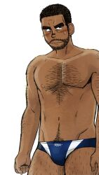 10s 1boy 2018 beard black_hair blue_speedo blush blush_lines chest_hair gay hairy hairy_arms hairy_legs hairy_male human male male_only muscular muscular_male nipples simple_background solo speedo sweat sweatdrop swimwear tagme taku_hiraku white_background