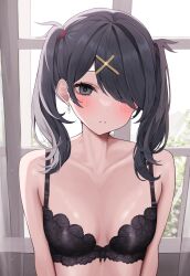 ai_generated ame-chan bangs bare_shoulders black_bra black_eyes black_hair blush bra breasts cleavage closed_mouth collarbone earrings female grey_eyes hair_ornament hair_over_one_eye hairclip indoors lace long_hair looking_at_viewer mole mole_under_eye needy_streamer_overload small_breasts solo twintails underwear upper_body window x_hair_ornament