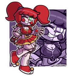 animatronic animatronic_female animatronic_girl baby_(fnafsl) circus_baby circus_baby_(fnaf) cleavage clown clown_girl clown_nose fangs five_nights_at_freddy's five_nights_at_freddy's:_sister_location fnaf green_eyes high_twintails microphone midriff red_hair robot robot_girl sharp_teeth shoes short_skirt sister_location skirt thecomicoalman twintails twintails white_skin