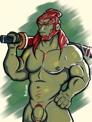 balls bara beard facial_hair flaccid ganondorf ganondorf_(tears_of_the_kingdom) gerudo green_body green_skin long_hair male male_only muscles muscular nintendo nude penis perritoguapo red_hair solo solo_male sword tears_of_the_kingdom the_legend_of_zelda toony weapon weapon_over_shoulder