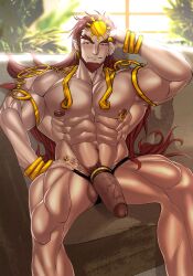 balls bara beard cock_ring facial_hair flaccid ganondorf gerudo male male_only muscles muscular nanyu nintendo nipple_piercing penis penis_out red_hair rehydrated_ganondorf sitting solo solo_male the_legend_of_zelda veiny_penis