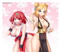 2girls alternate_costume blue_eyes breasts breath_of_the_wild chun-li_(cosplay) crossover female female_only looking_at_viewer mai_shiranui_(cosplay) nintendo patdarux pointy_ears princess_zelda pyra street_fighter super_smash_bros. tagme tears_of_the_kingdom the_legend_of_zelda the_legend_of_zelda:_breath_of_the_wild xenoblade_(series) xenoblade_chronicles_2 zelda_(tears_of_the_kingdom)